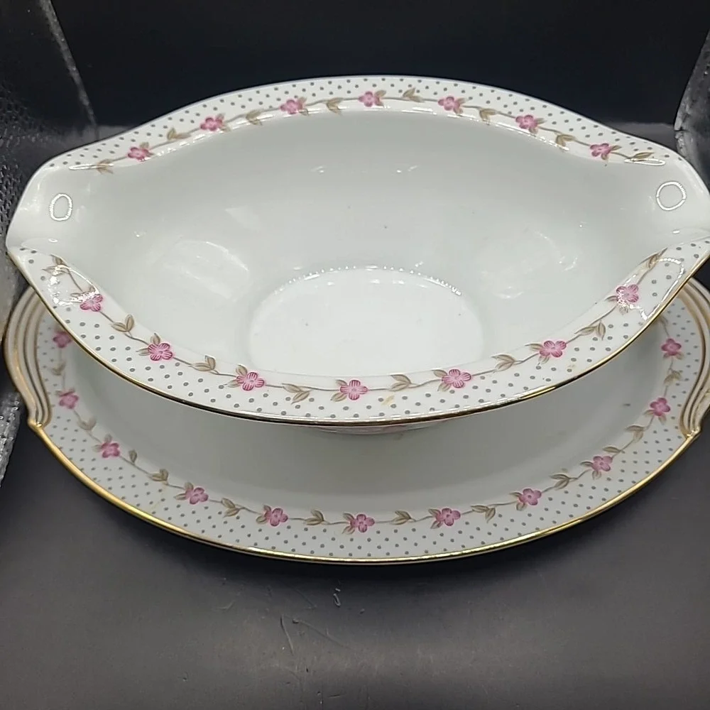 Vintage Noritake Elaine 5210 Gravy Boat Underplate‎ Pink Floral Gold Trim